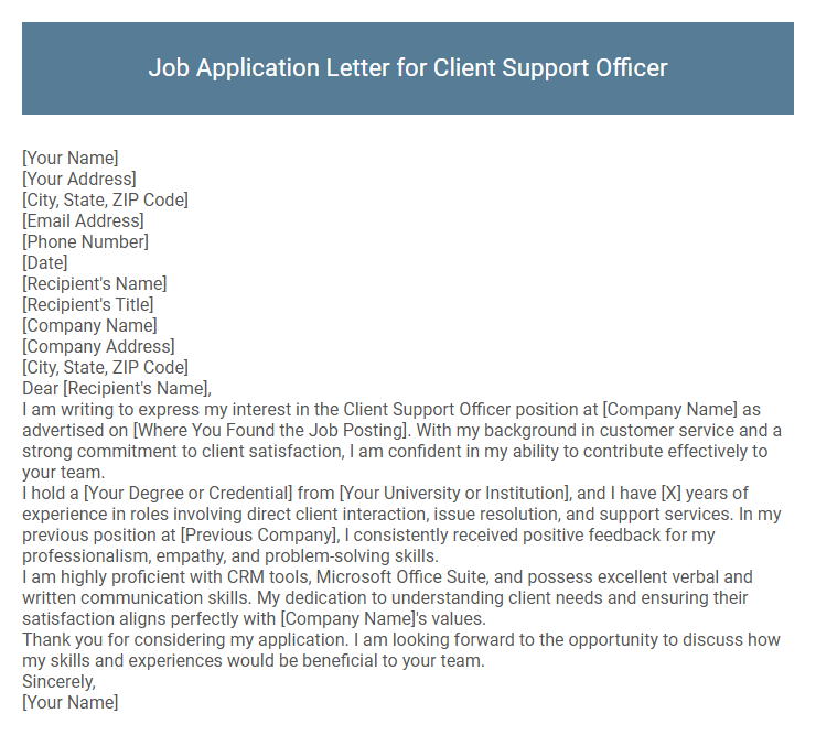 Job Application Letter for Client Support Officer