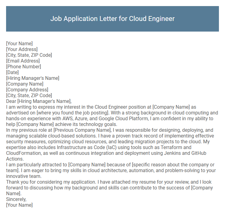 Job Application Letter for Cloud Engineer