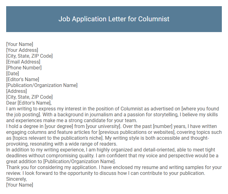 Job Application Letter for Columnist