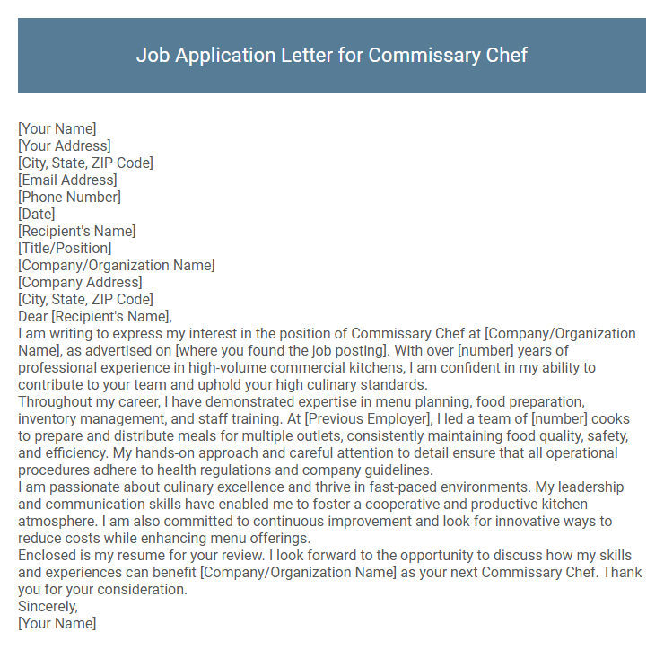 Job Application Letter for Commissary Chef