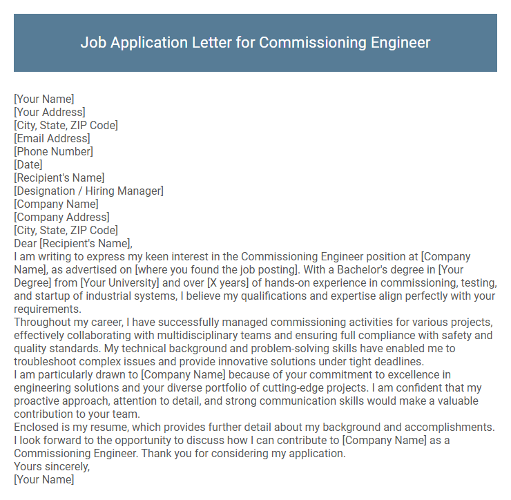 Job Application Letter for Commissioning Engineer