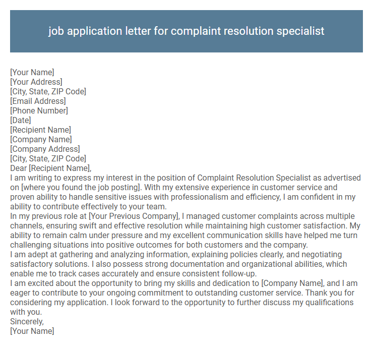job application letter for complaint resolution specialist