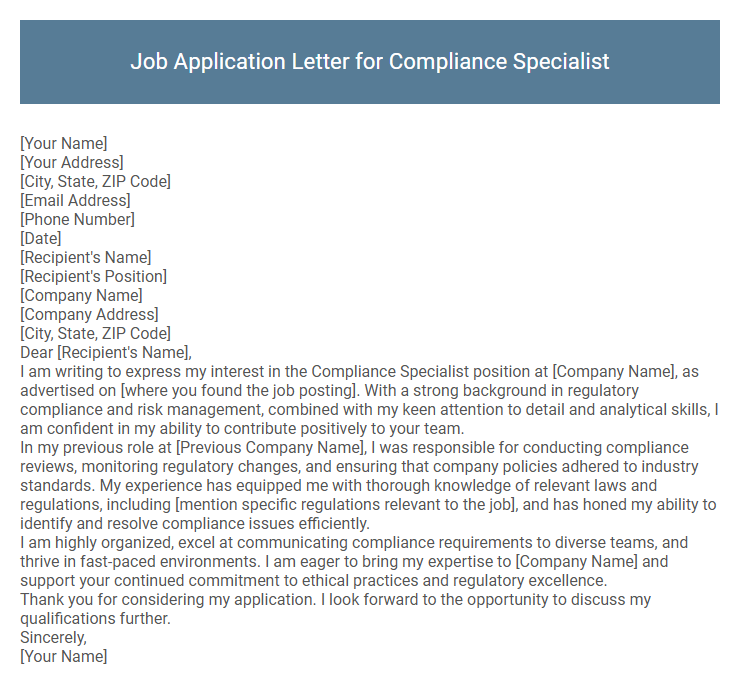 Job Application Letter for Compliance Specialist