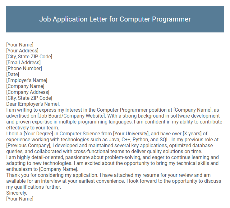 Job Application Letter for Computer Programmer