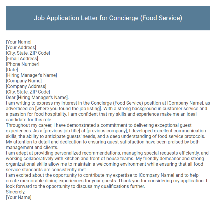 Job Application Letter for Concierge (Food Service)