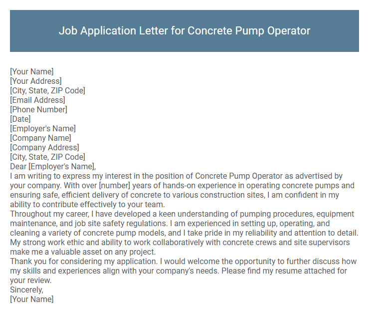 Job Application Letter for Concrete Pump Operator