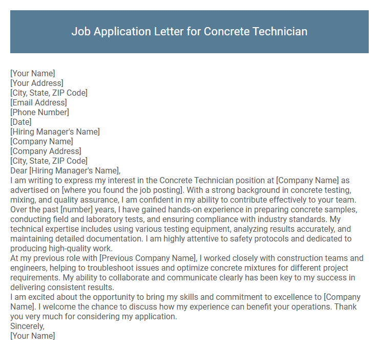 Job Application Letter for Concrete Technician