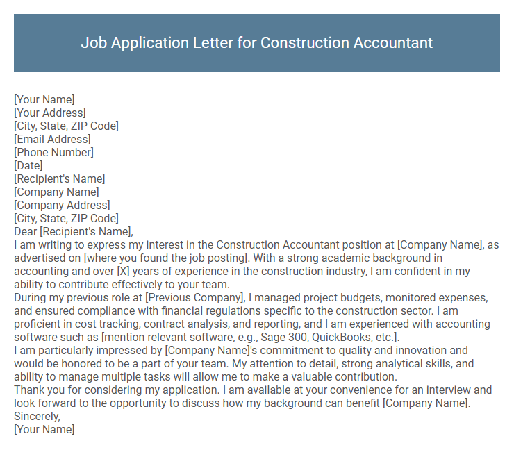 Job Application Letter for Construction Accountant