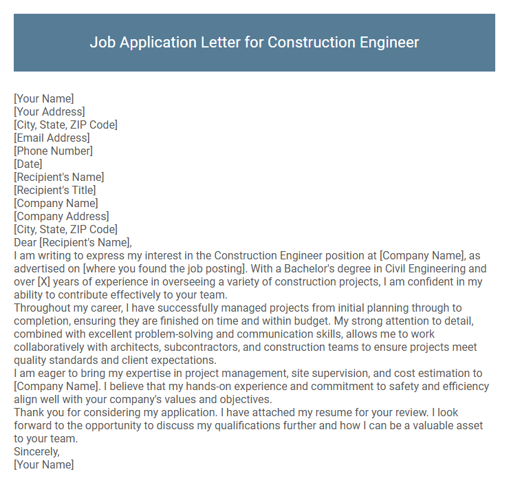 Job Application Letter for Construction Engineer