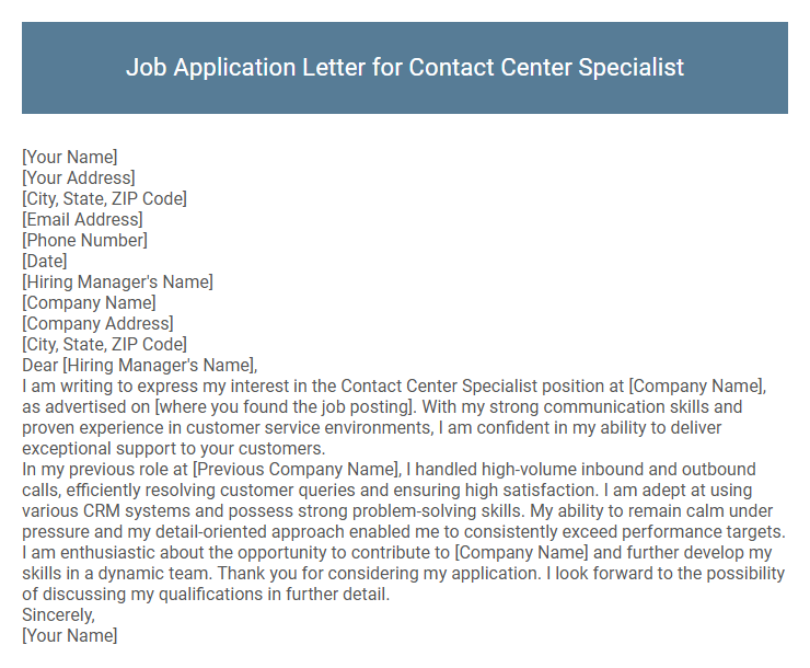Job Application Letter for Contact Center Specialist