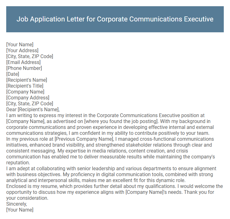 Job Application Letter for Corporate Communications Executive