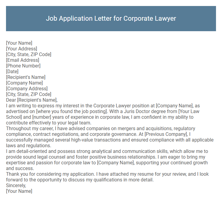 Job Application Letter for Corporate Lawyer
