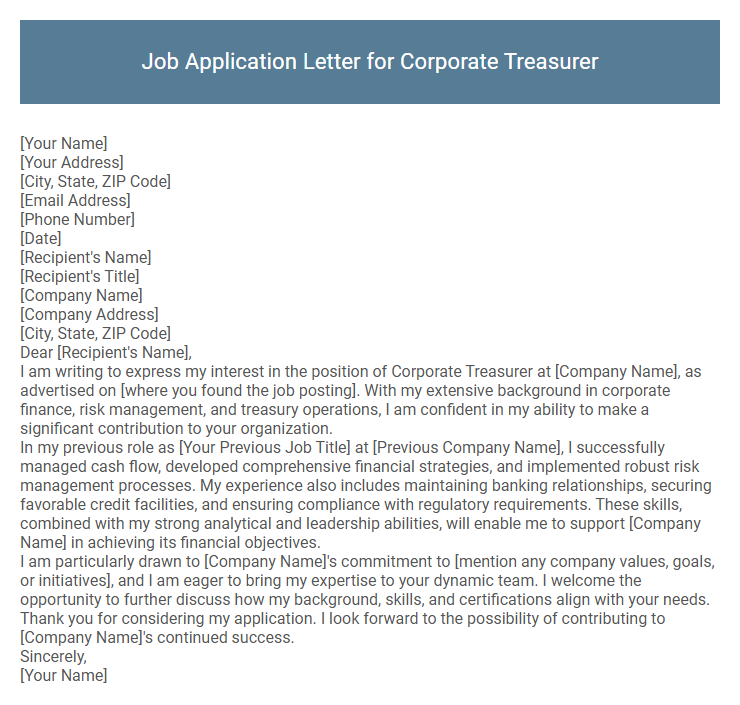 Job Application Letter for Corporate Treasurer