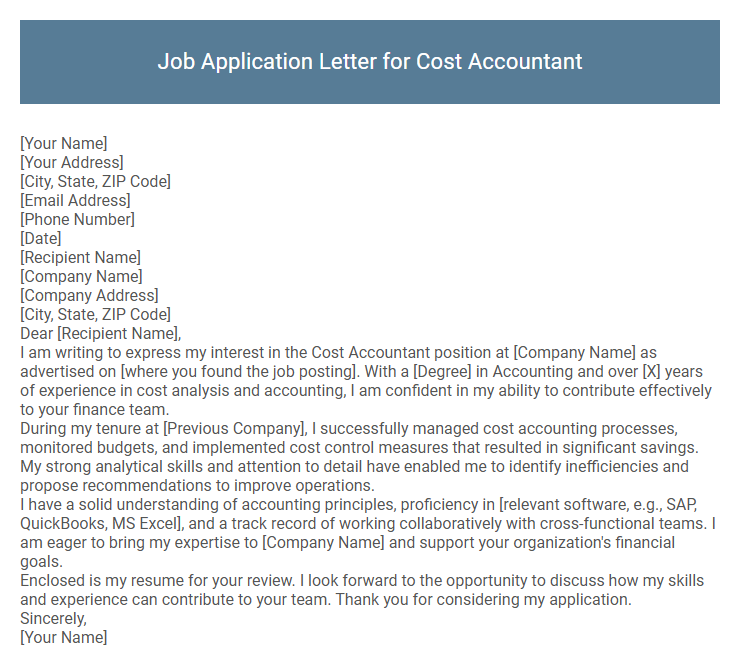 Job Application Letter for Cost Accountant