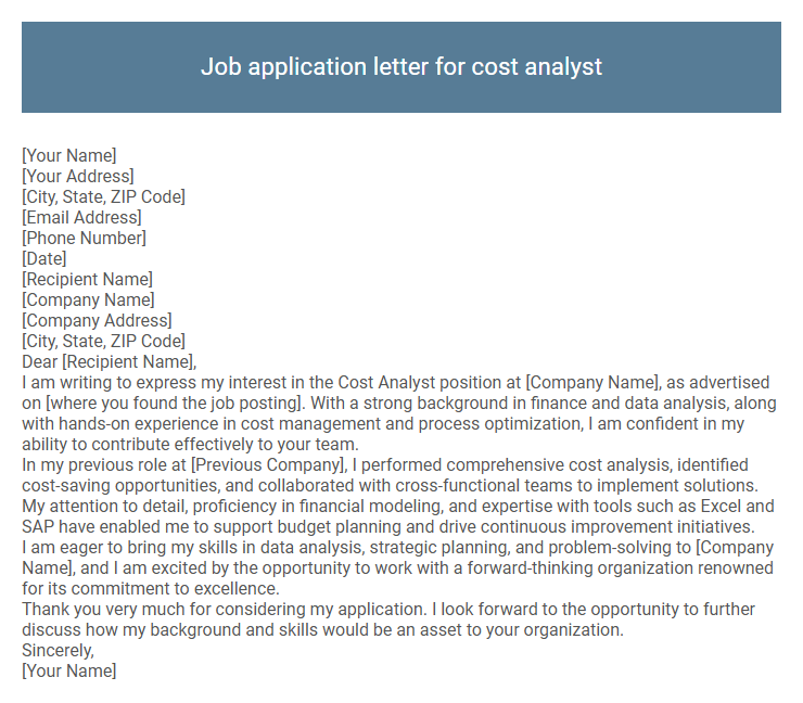 Job application letter for cost analyst