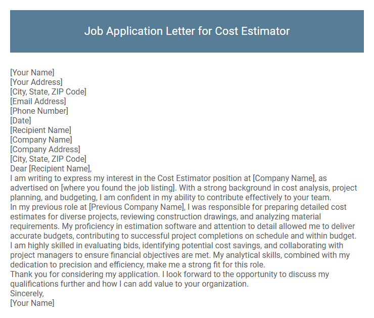 Job Application Letter for Cost Estimator