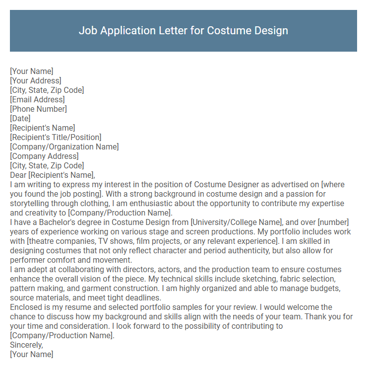 Job Application Letter for Costume Design