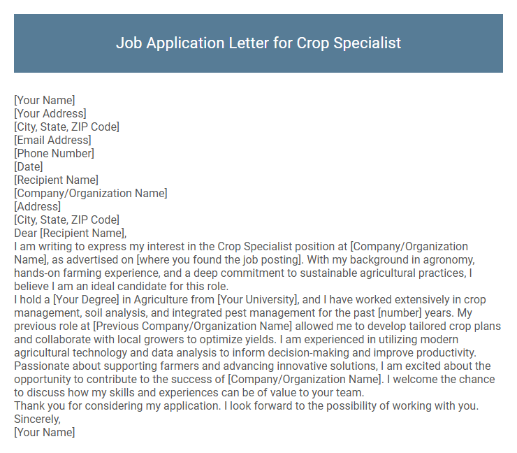 Job Application Letter for Crop Specialist