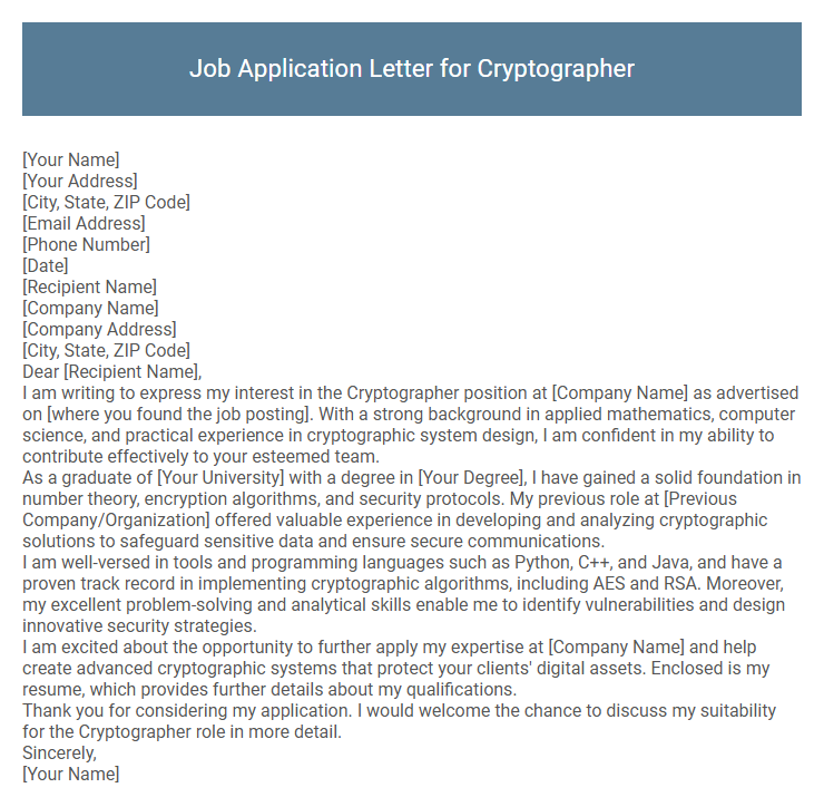 Job Application Letter for Cryptographer