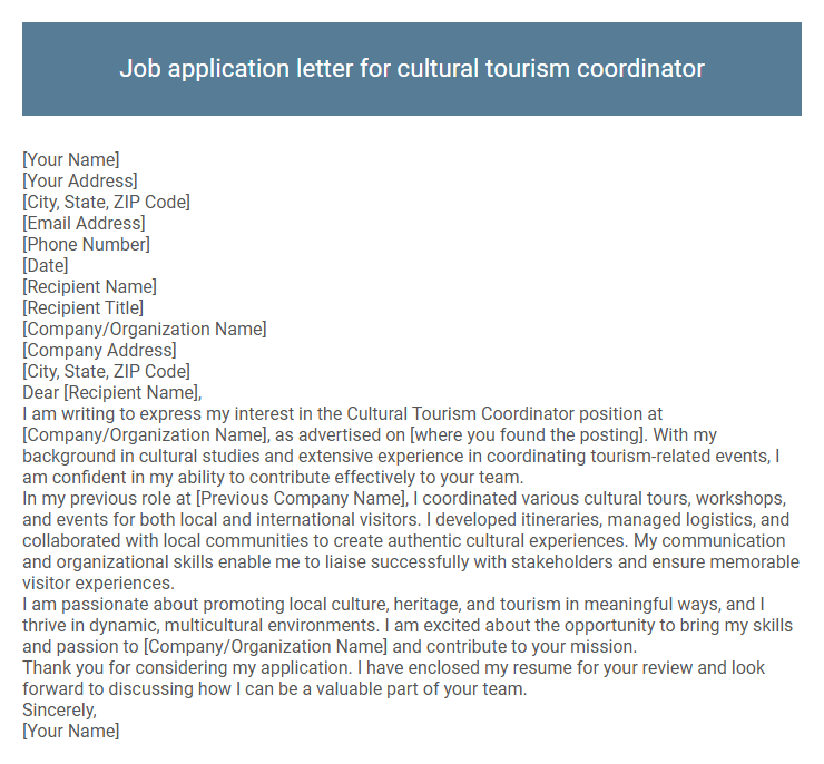 Job application letter for cultural tourism coordinator