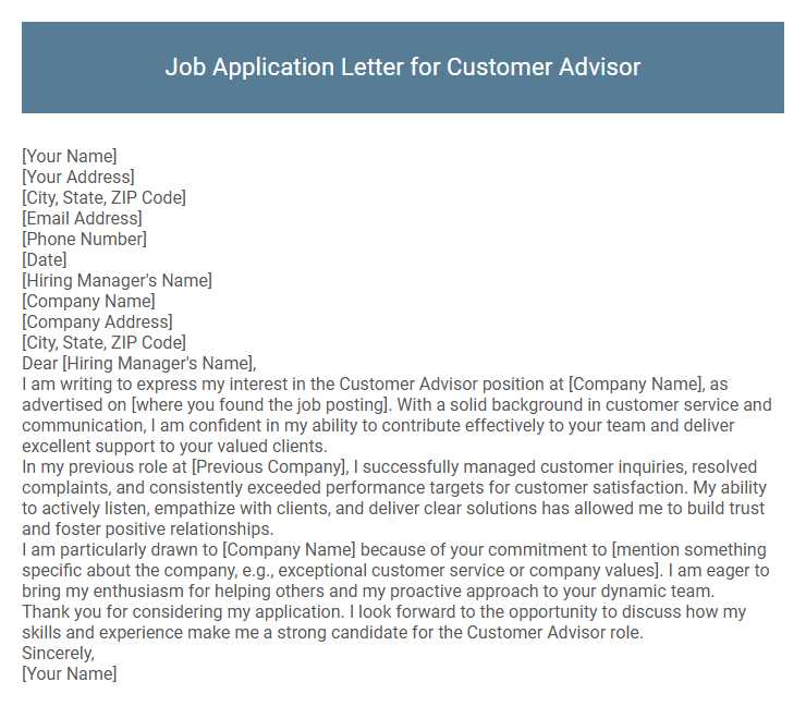 Job Application Letter for Customer Advisor