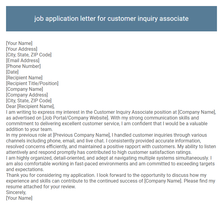 job application letter for customer inquiry associate