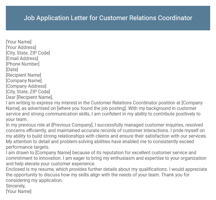 Job Application Letter for Customer Relations Coordinator