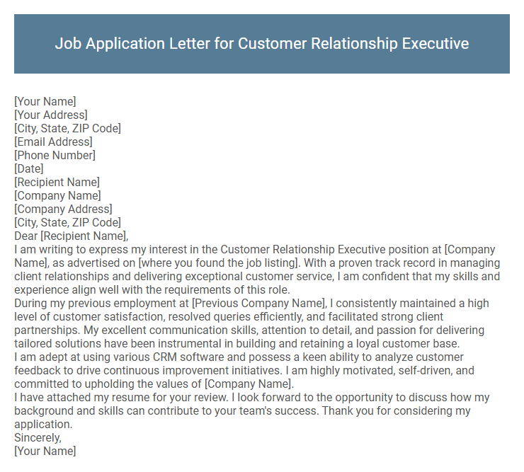 Job Application Letter for Customer Relationship Executive