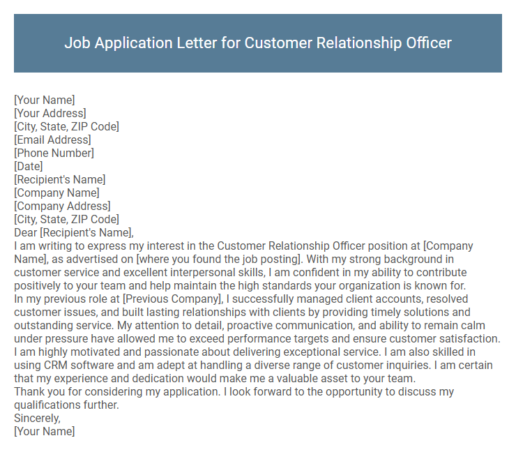 Job Application Letter for Customer Relationship Officer