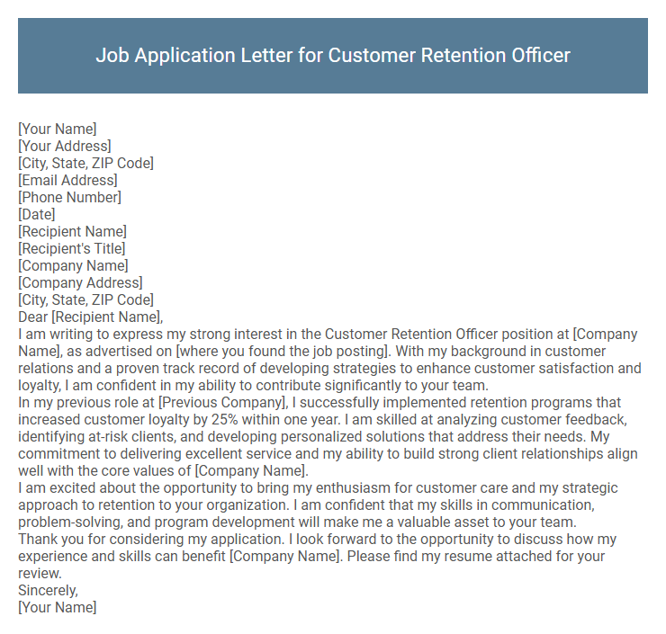 Job Application Letter for Customer Retention Officer