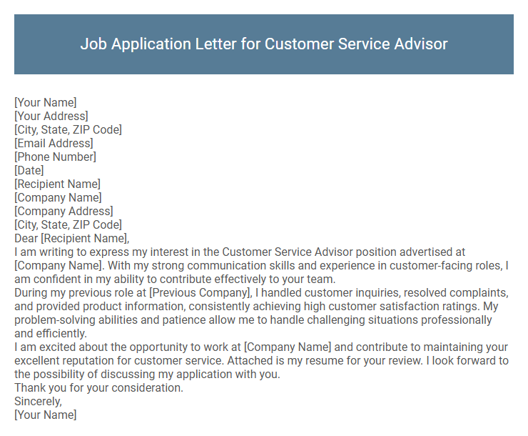 Job Application Letter for Customer Service Advisor