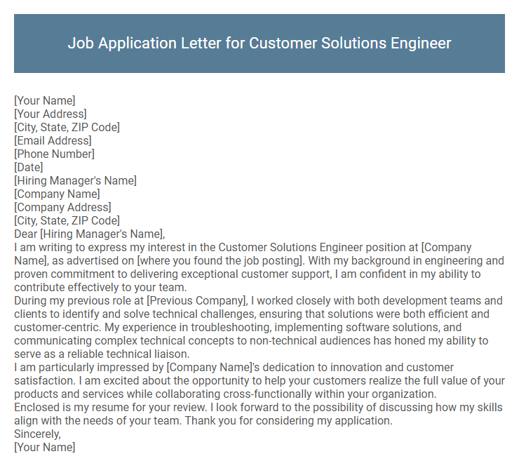 Job Application Letter for Customer Solutions Engineer