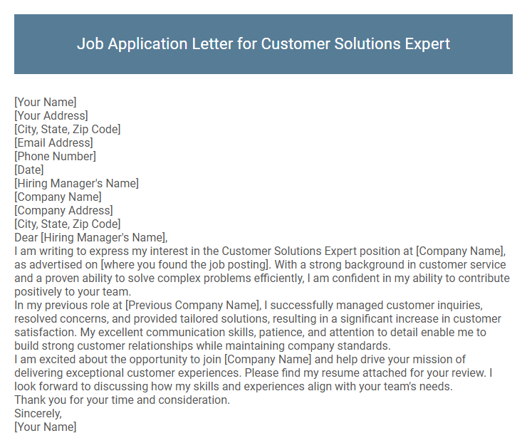 Job Application Letter for Customer Solutions Expert