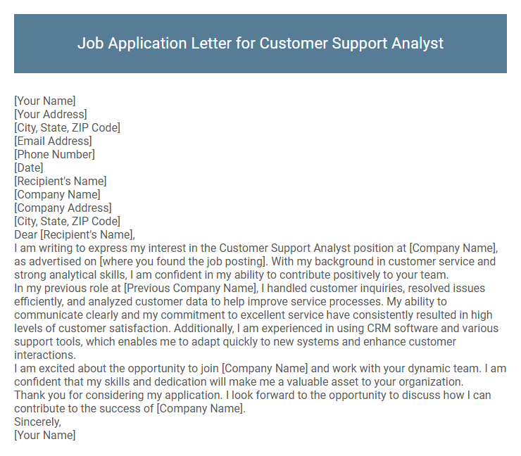 Job Application Letter for Customer Support Analyst