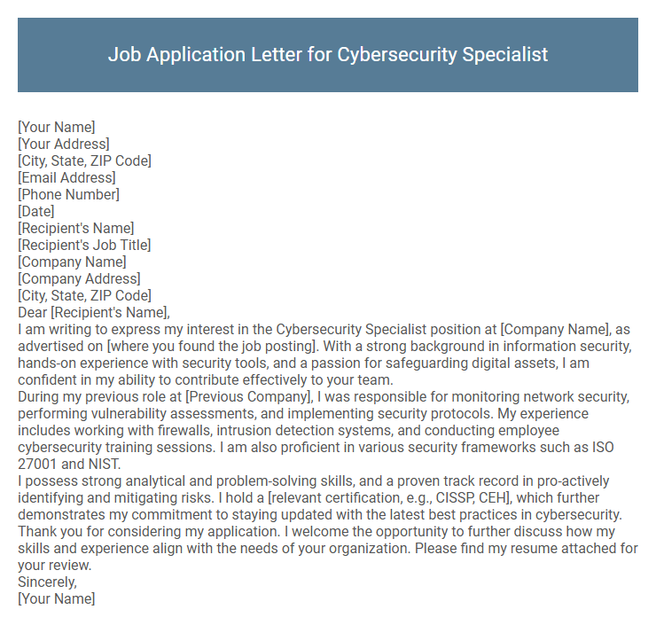 Job Application Letter for Cybersecurity Specialist