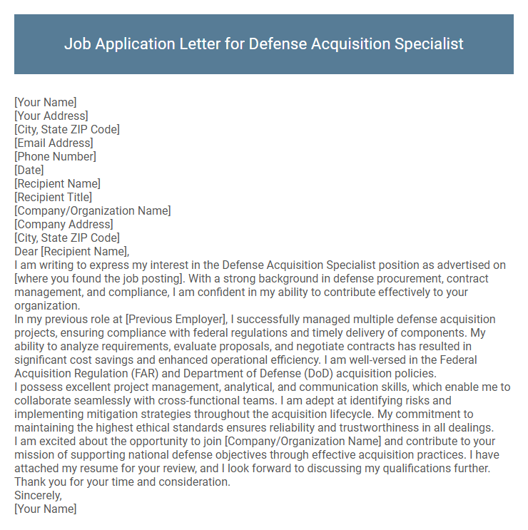 Job Application Letter for Defense Acquisition Specialist