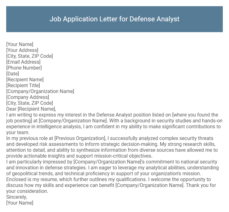 Job Application Letter for Defense Analyst