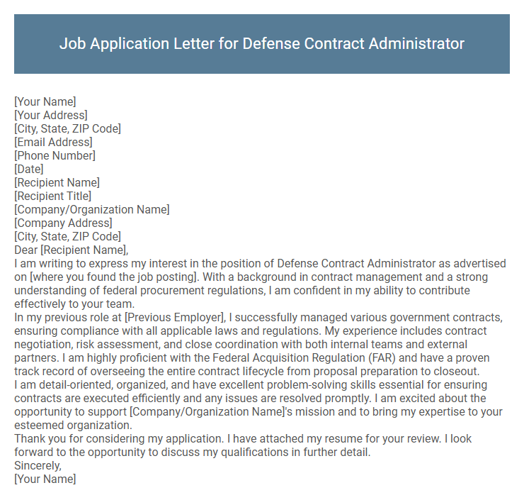 Job Application Letter for Defense Contract Administrator