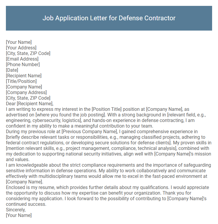 Job Application Letter for Defense Contractor