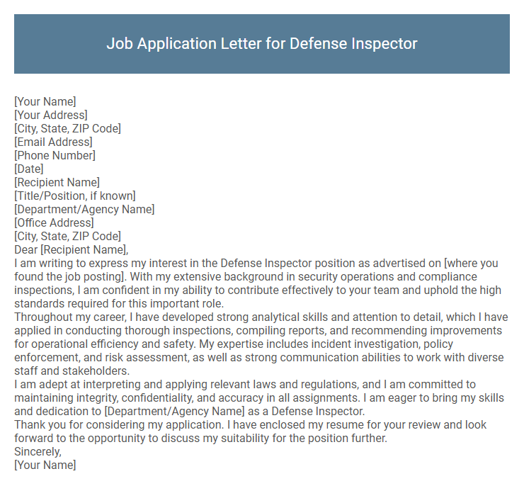 Job Application Letter for Defense Inspector