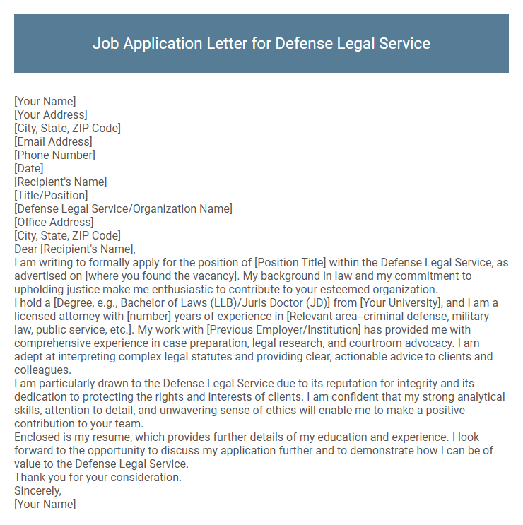 Job Application Letter for Defense Legal Service