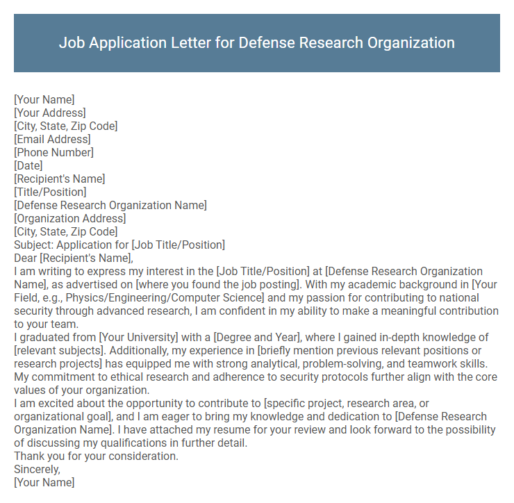 Job Application Letter for Defense Research Organization