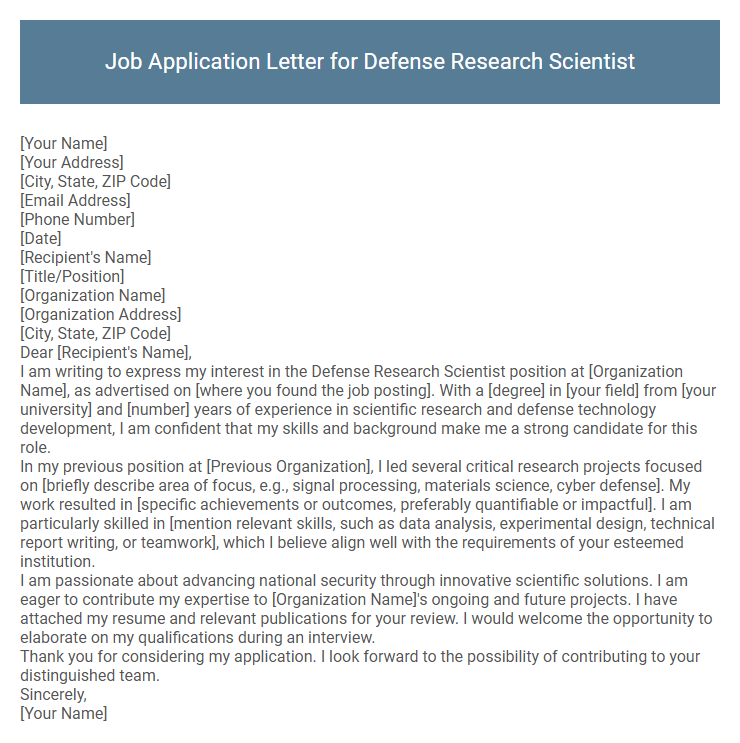 Job Application Letter for Defense Research Scientist