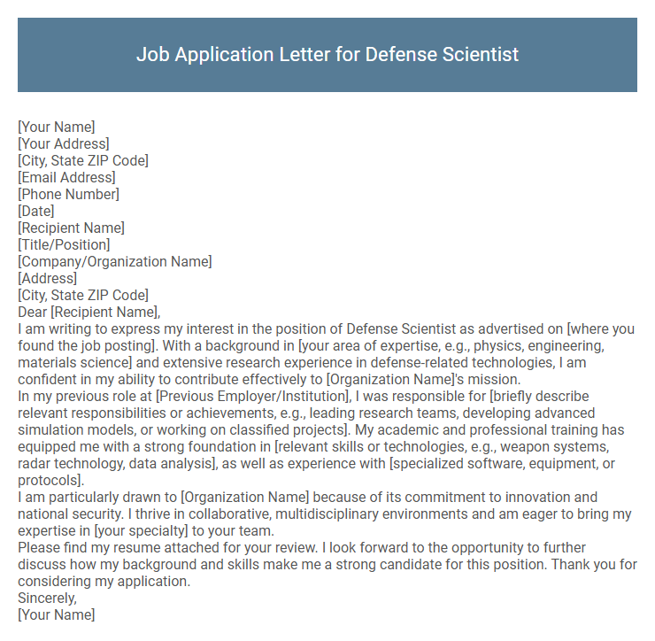 Job Application Letter for Defense Scientist