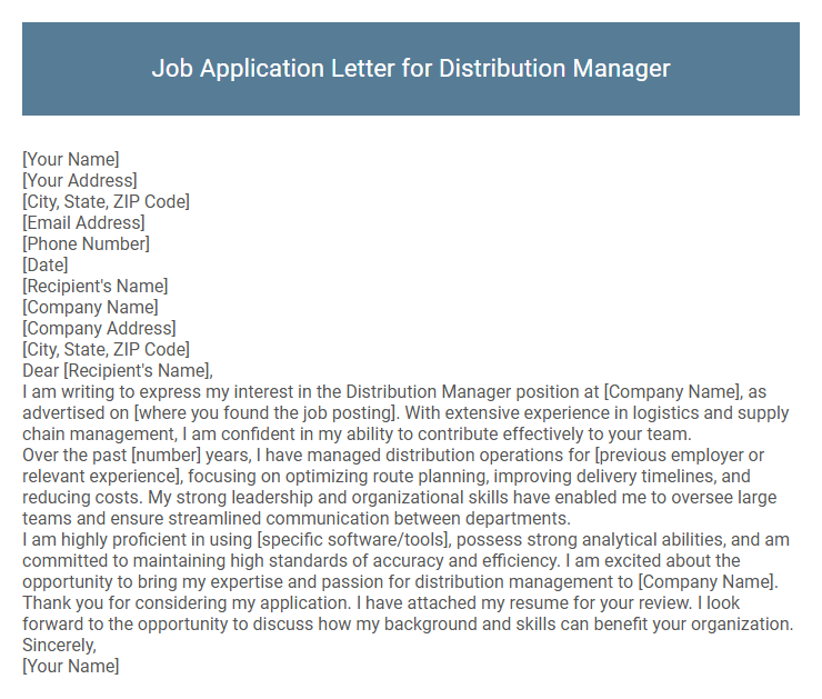 Job Application Letter for Distribution Manager