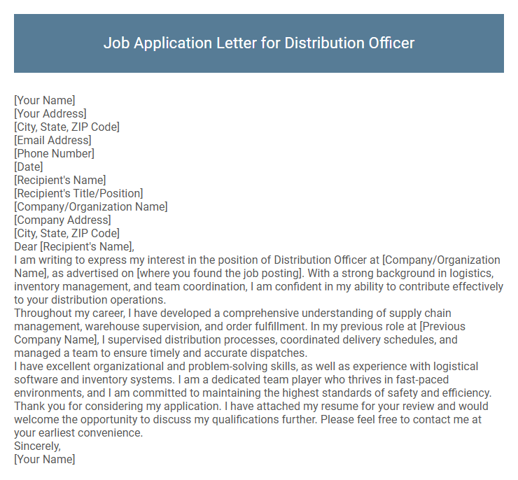 Job Application Letter for Distribution Officer