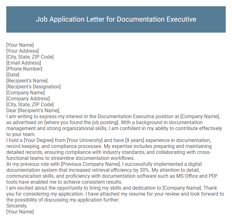 Job Application Letter for Documentation Executive