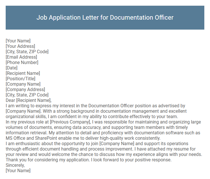 Job Application Letter for Documentation Officer