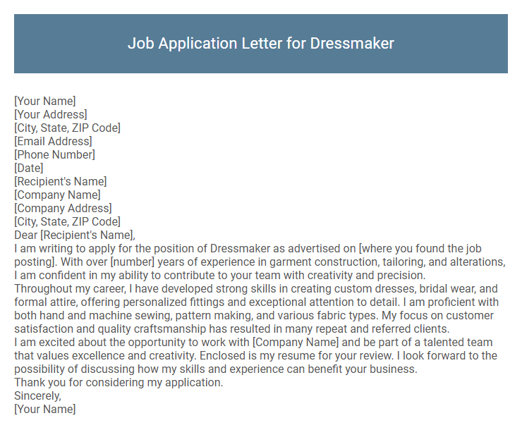Job Application Letter for Dressmaker