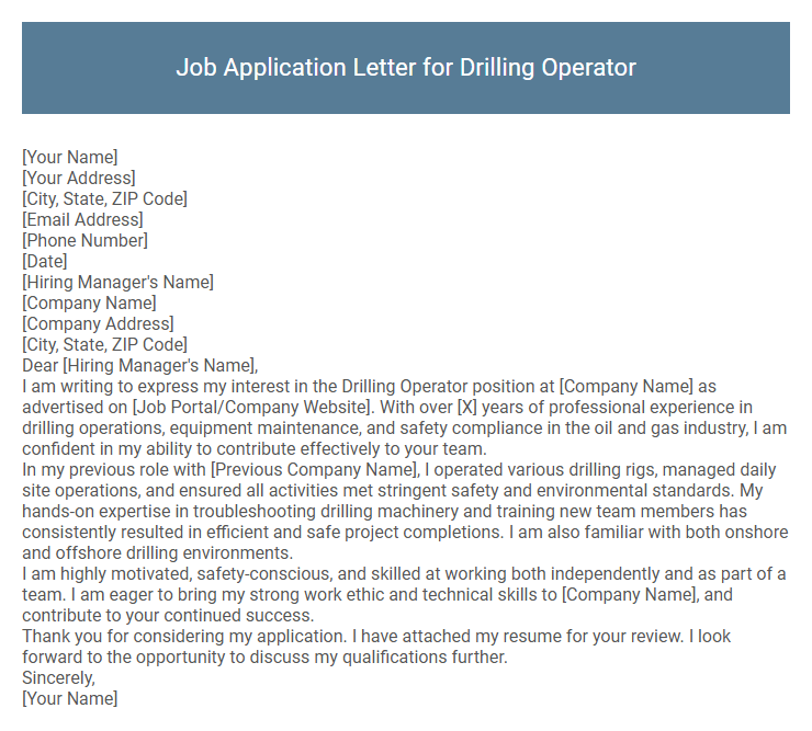 Job Application Letter for Drilling Operator